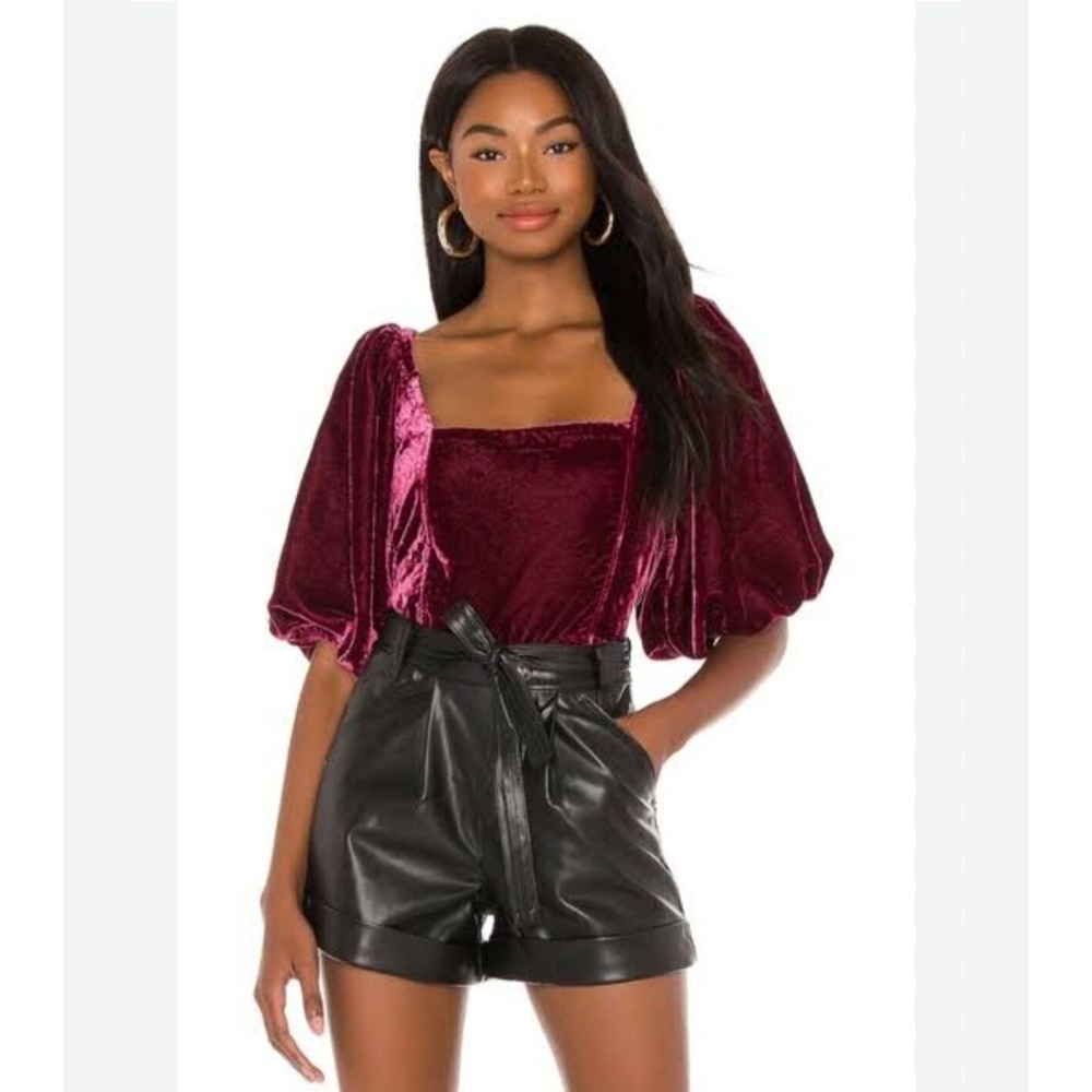 Free People Marie Velvet Open Back Balloon Sleeve Tie Burgundy Elegant Top Small